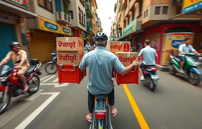 Samosas Sprint Gameplay - Navigating Busy Streets Samosas Sprint gameplay showing a delivery bike navigating through crowded Indian street with samosa boxes