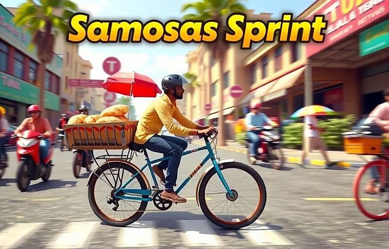 Samosas Sprint - The Spicy Delivery Race Samosas Sprint game cover showing a bicycle delivering samosas through busy Indian street with spices in background